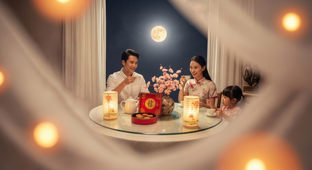 中秋节家庭团聚饮茶吃月饼场景