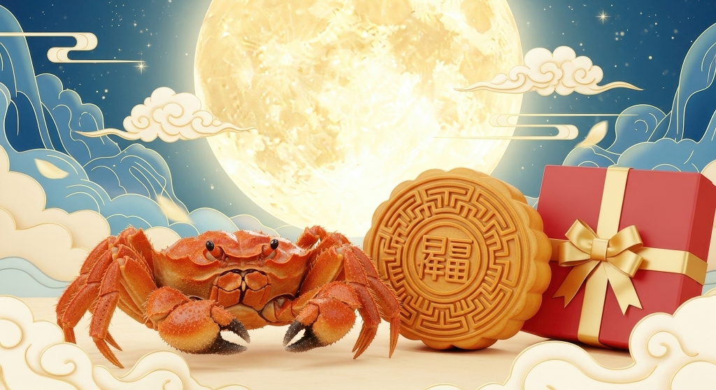 中式中秋节月饼与大闸蟹插画