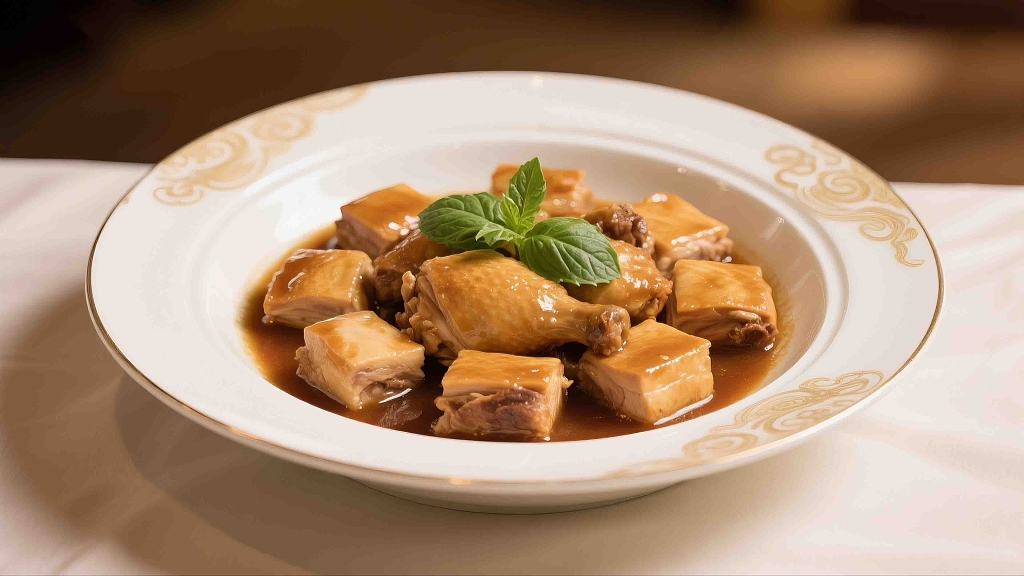 一个精至的盘子里放着做熟的三杯鸡