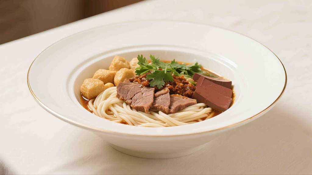 一个白瓷碗里装着沙茶面美食美味