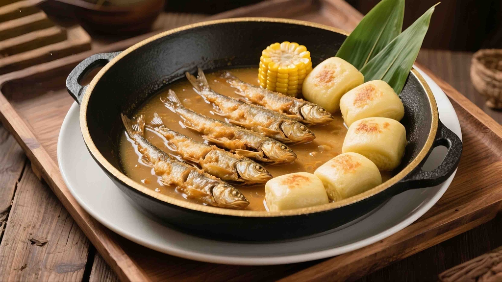 贴饽饽熬小鱼美食美味