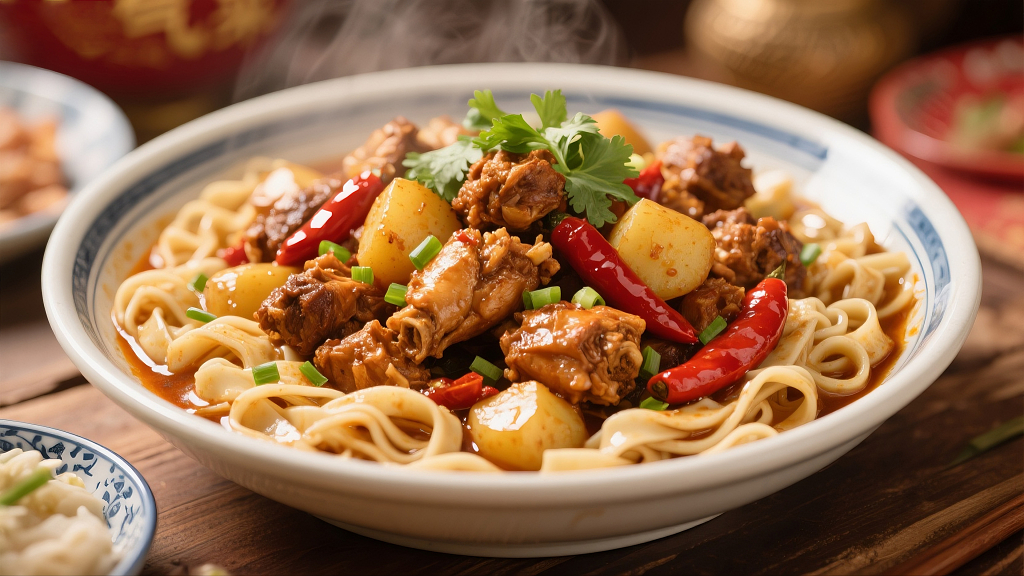 一个大盘子里放着刚做好的大盘鸡下面是面条上面是鸡肉美食美味