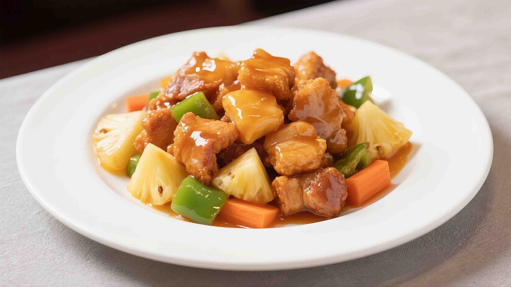 一个白色盘子里装着菠萝咕咾肉美食美味