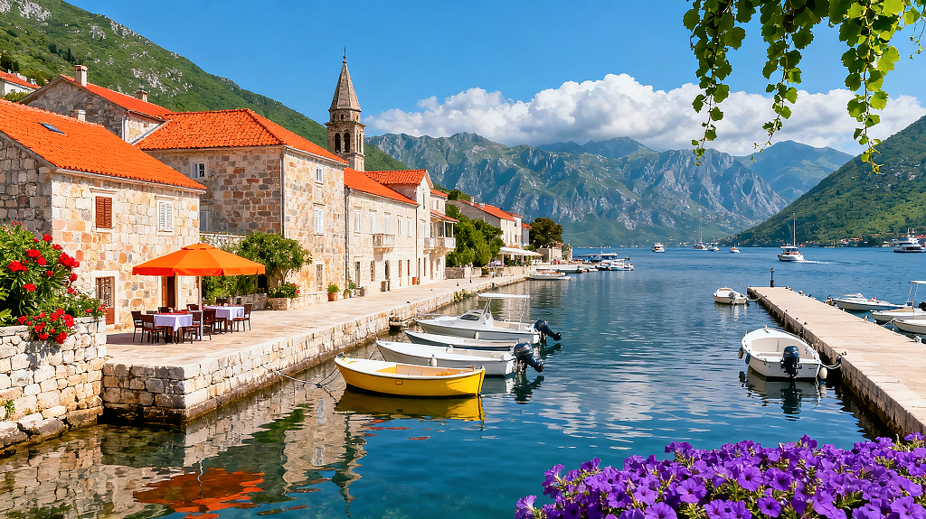 非洲自然风光美景蓝天远山悠闲小镇红顶石屋错落船只静泊水面闲适