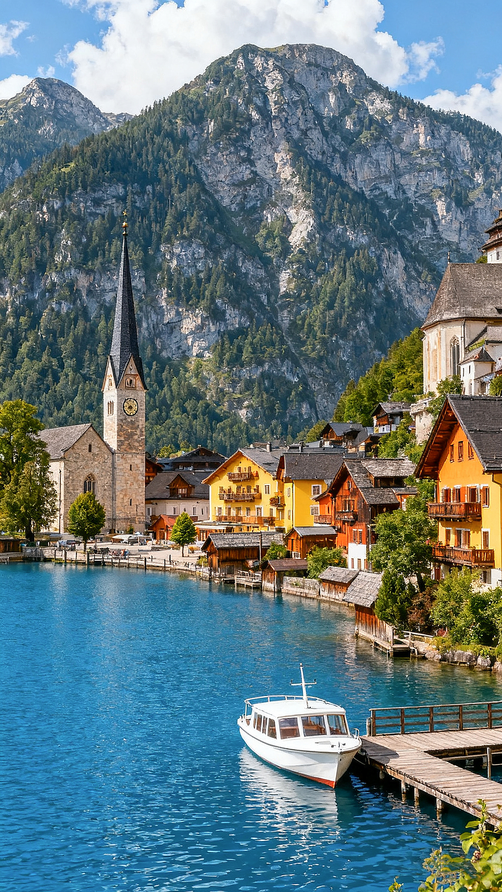 奥地利湖光小镇色彩鲜艳的木屋临水而建尖顶教堂醒目小船停靠码头