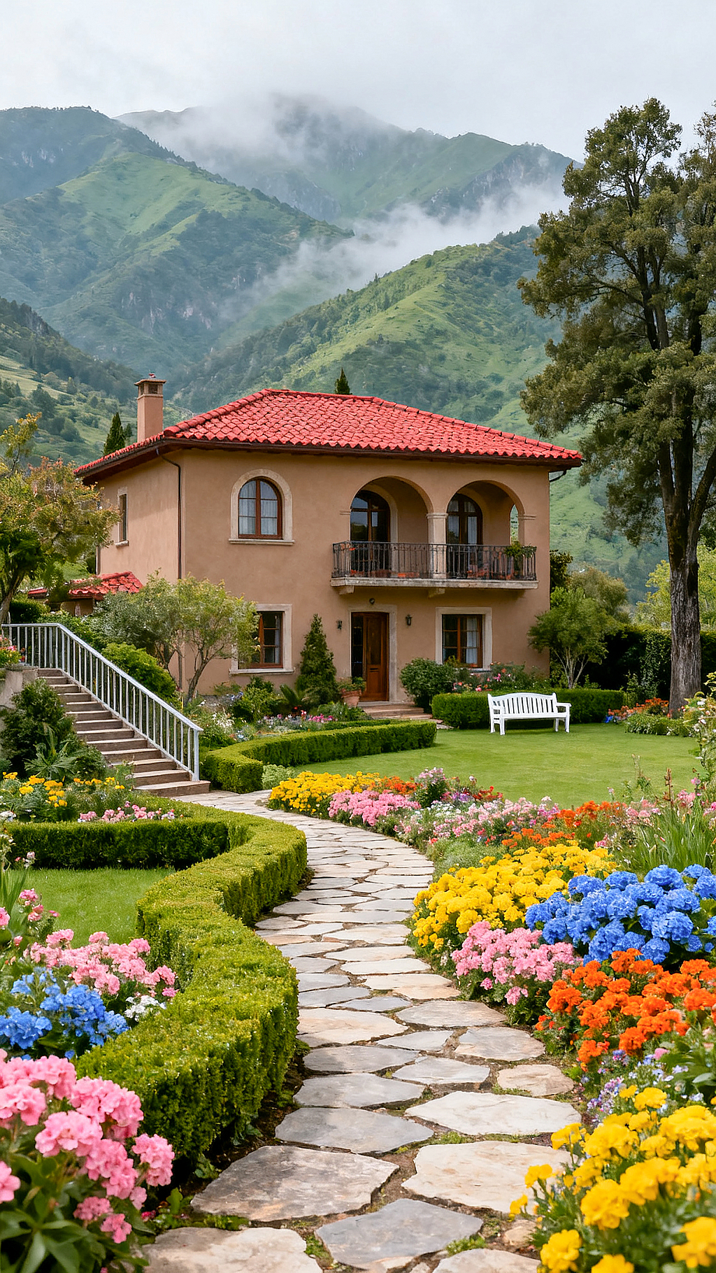 山间花园别墅青山云雾下红顶别墅被精心打理的花园环绕石板小径