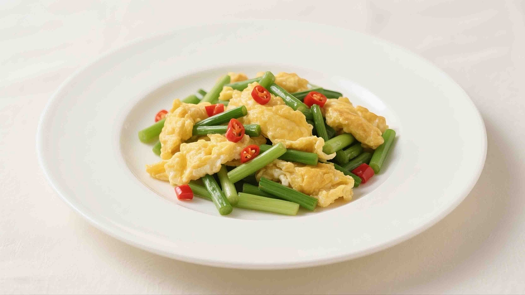 一个白盘子里装着鸡蛋炒蒜苔青菜鸡蛋蒜苔