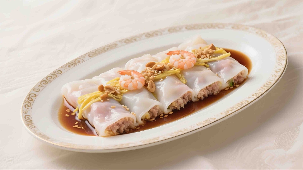 一盘刚出锅的潮汕肠粉美食美味