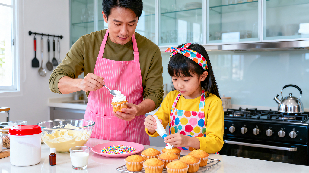 明亮的厨房中男士和小女孩正在一起制作纸杯蛋糕厨房亲子烘焙场景