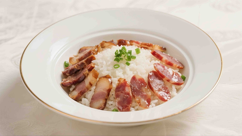 一碗刚蒸好的腊味蒸饭美食美味腊肠