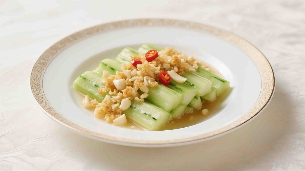 一个白磁盘里放着刚做好的蒜蓉蒸丝瓜素食美食美味