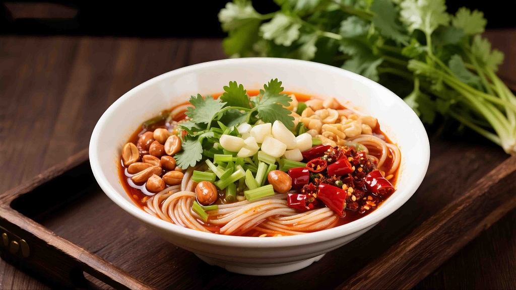 一个木质托盘上一碗美味的酸辣粉很有食欲美食美味小吃