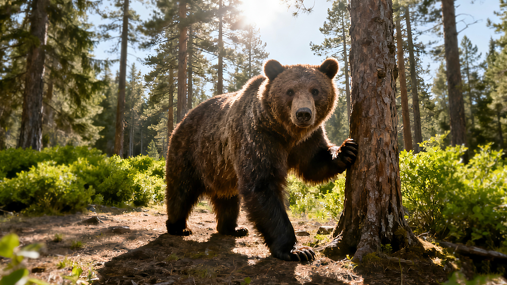 灰色的棕熊抓树木凶猛的动物