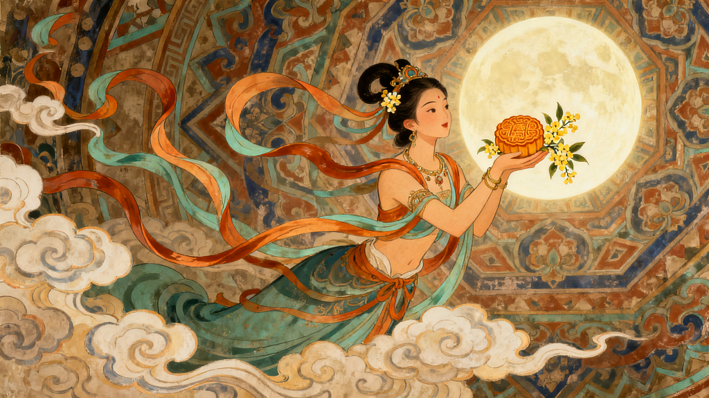 中秋敦煌风仙女捧月饼圆月祥云装饰图