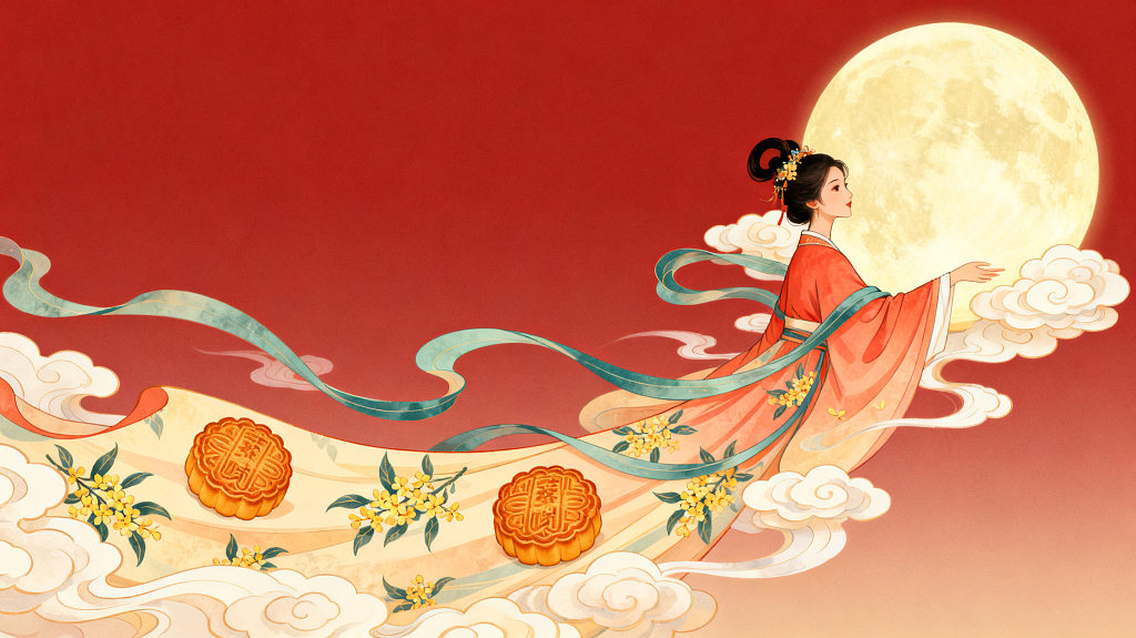 中秋古风女子伴圆月祥云月饼桂花装饰图