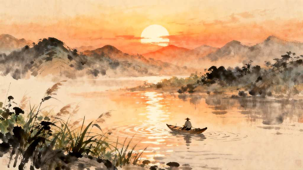 水墨山水山水日落日落山水中式水墨传统水墨山水画平面设计海报