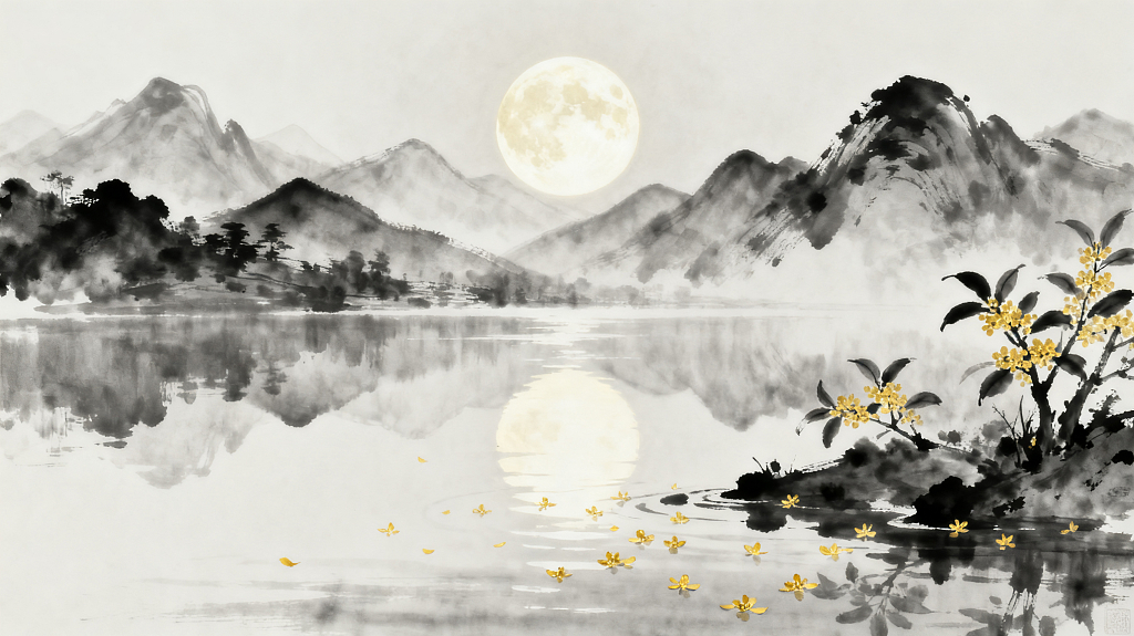中秋水墨山水圆月桂花装饰图