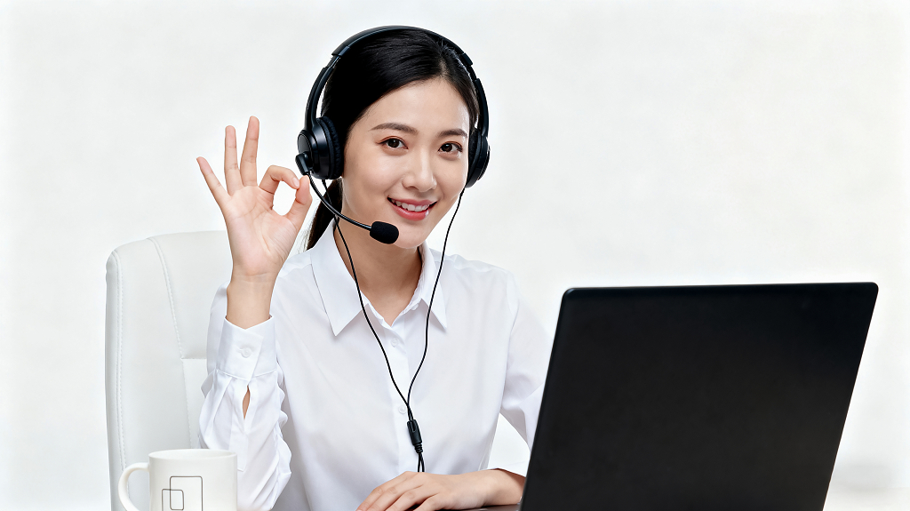 穿白色衬衫的女性坐在白色椅子上客服远程工作场景专业干练OK手势