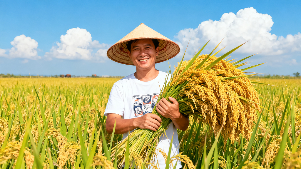 戴传统锥形斗笠的男子站在一片金黄的稻田中农民丰收场景金黄稻穗