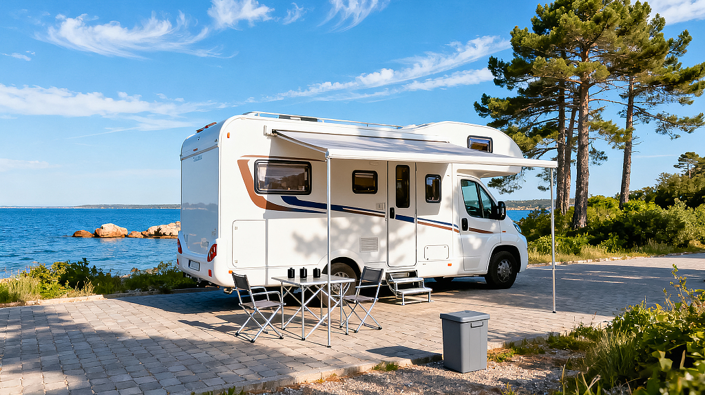 一辆白色房车停在靠近海边的铺砌路面旁宁静海滨露营氛围蓝色水域