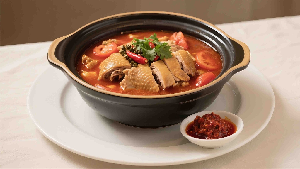 一个黑色的砂锅里装着文山酸汤鸡美食美味