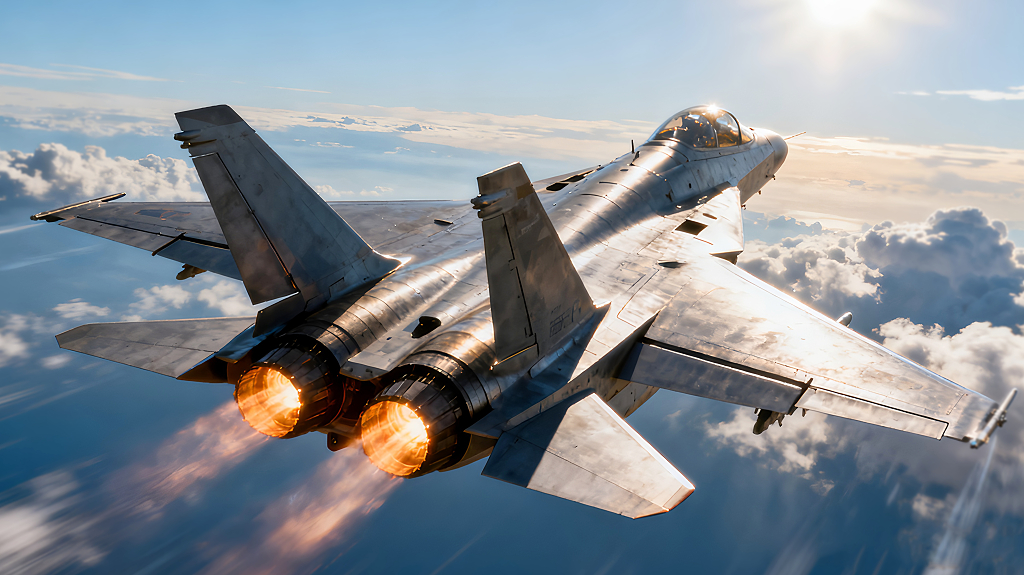 喷射着红色尾焰火的战斗机云上高速超音速飞行