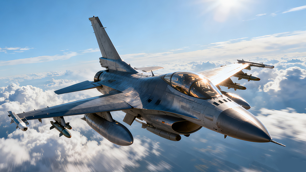 满挂实弹的战斗机在白云上高速飞行