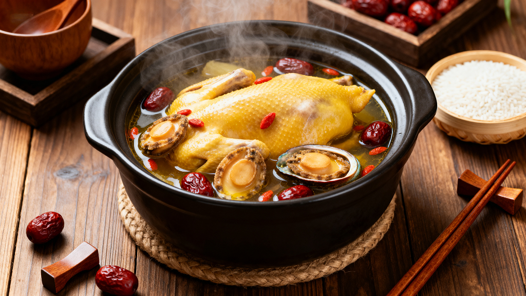 一砂锅刚炖好的鲍鱼鸡汤美食美味营养健康