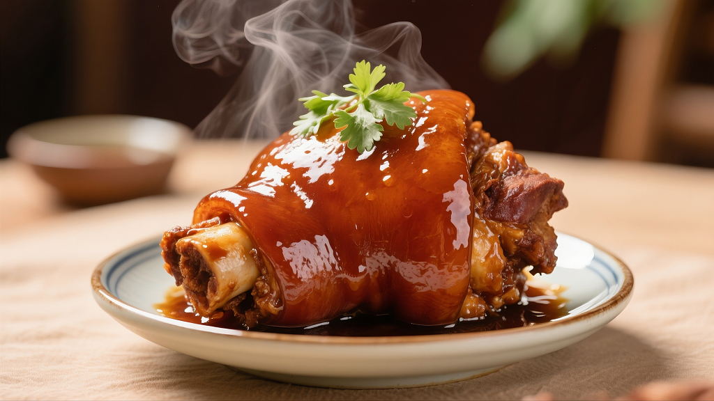 一盘美味的红烧肘子整个肘子美食美味宴客菜年夜饭