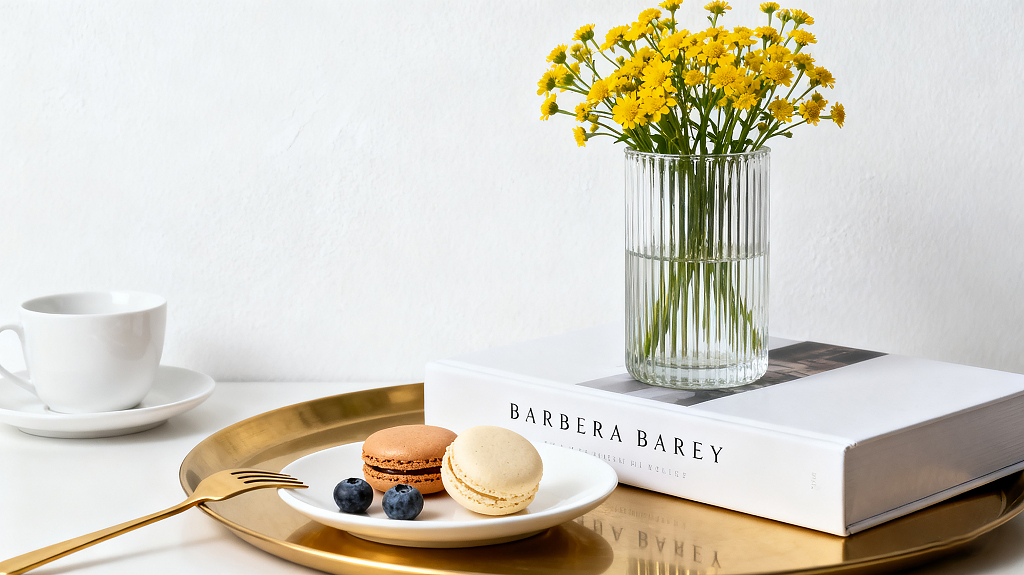 简约室内静物一束黄色小花插在透明玻璃瓶白色圆盘摆放马卡龙蓝莓