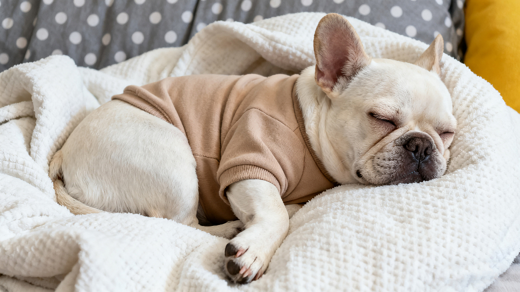 宠物一只浅色的法国斗牛犬正蜷缩在柔软的白色被子中睡觉眼睛紧闭