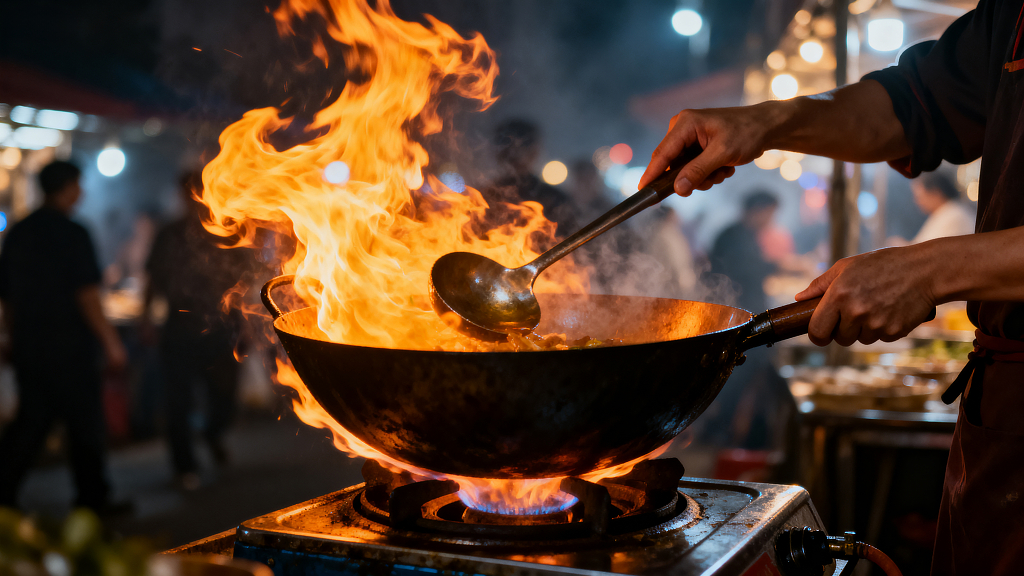 夜市爆炒厨师炒菜火焰炒菜铁锅炒菜夜市美食美食烹饪餐饮制作中餐