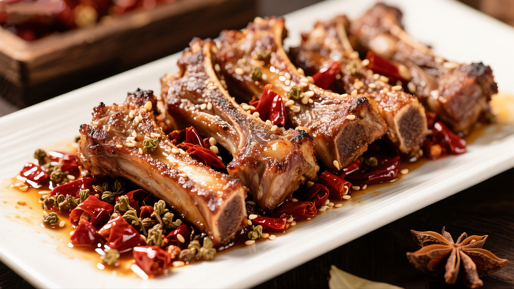 一盘美味的香辣羊排美食美味羊排