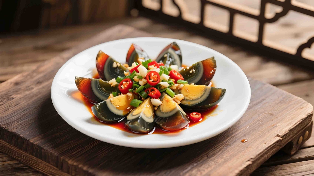 一个木托盘上有一盘美味的凉拌皮蛋美食美味