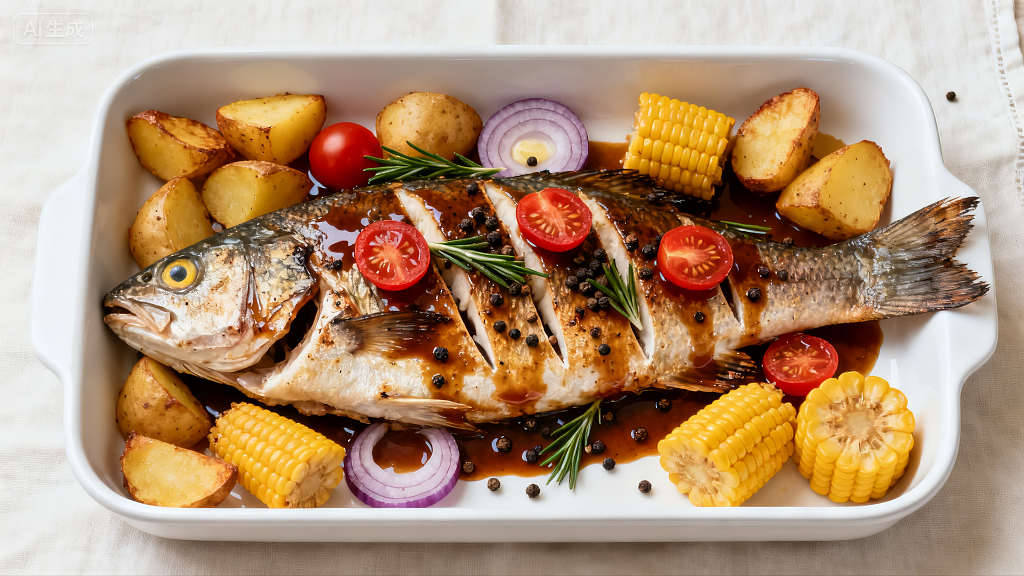 一盘美味的黑胡椒烤鱼美食美味海鲜烤鱼