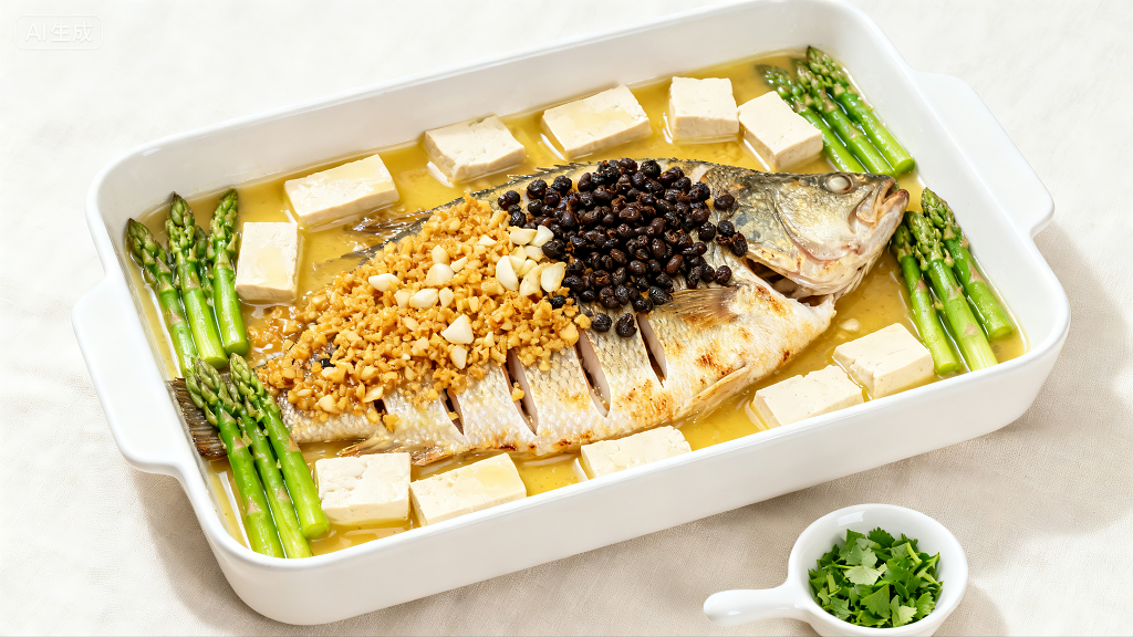 一盘美味的蒜香豆鼓烤鱼美食美味海鲜