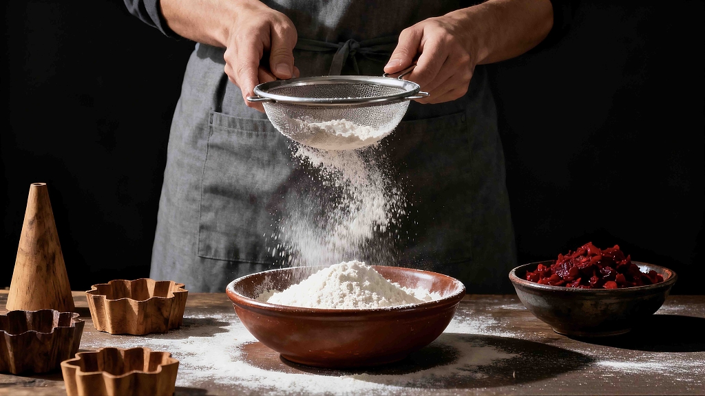 手工制作月饼正在筛面粉