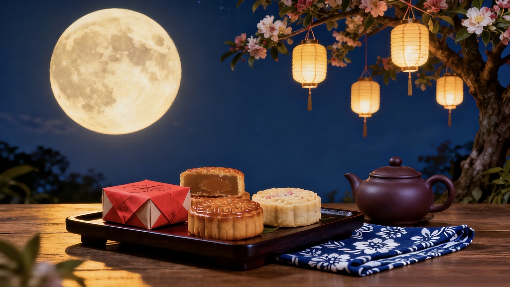 中秋夜晚天上月亮圆圆树上挂着灯笼树下桌子上摆着月饼