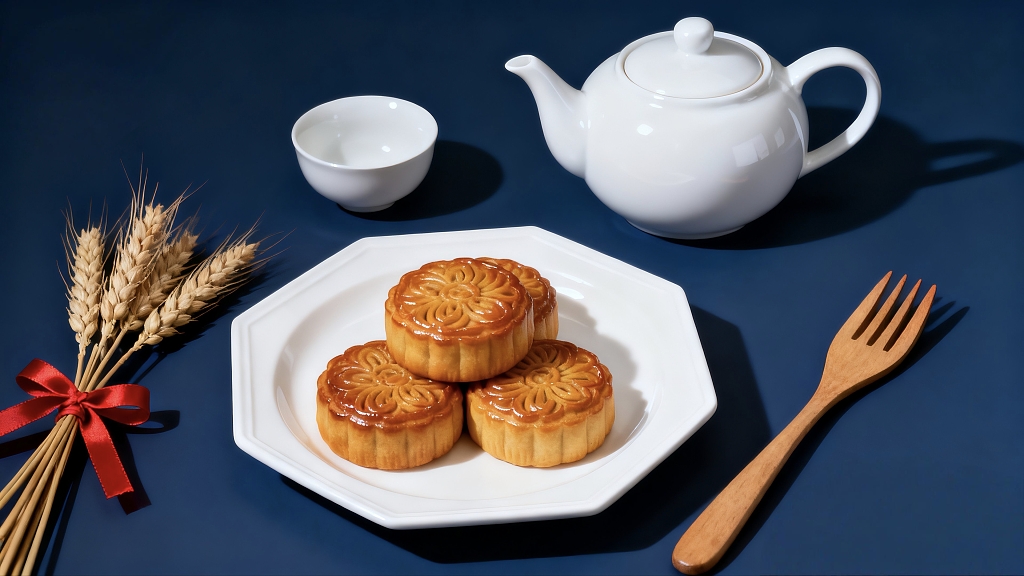 一盘美味的月饼边上放着茶壶和插杯美食美味节日