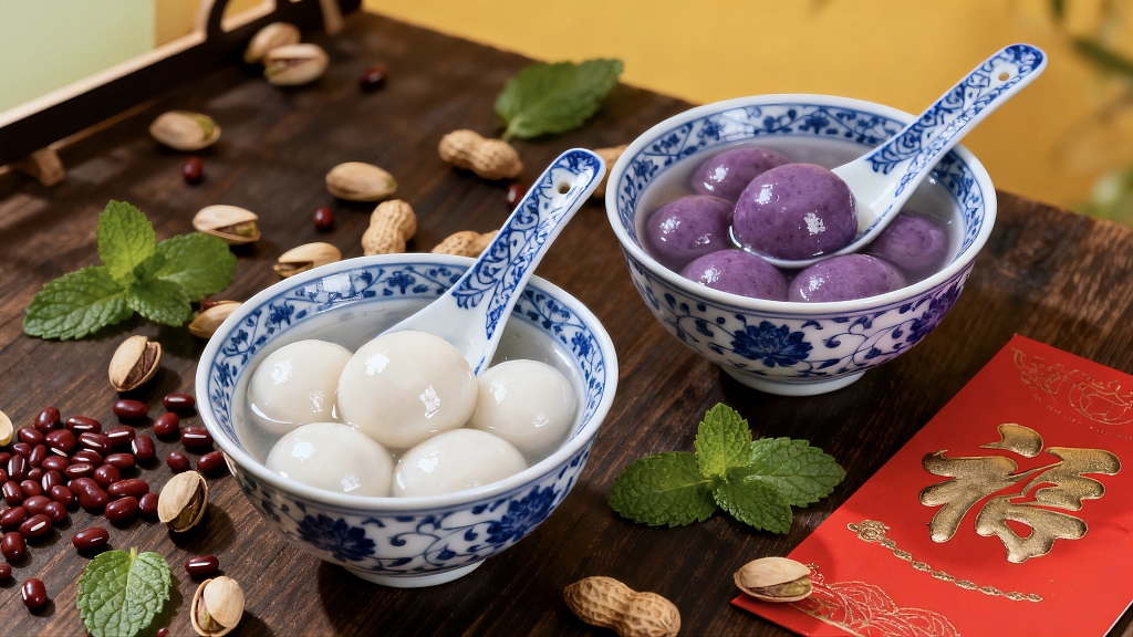 两碗汤圆一碗紫色一碗白色美食美味