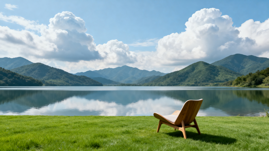 湖畔休闲山水休闲椅春日风光湖畔风景山水湖泊休闲景观风景摄影