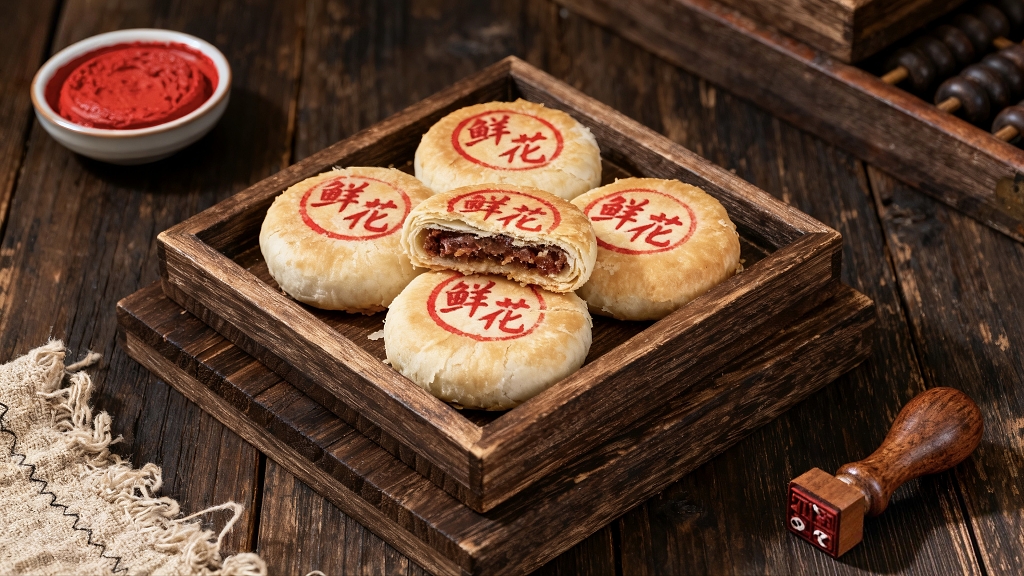 木质托盘里放着四块月饼有一块切七美食美味中秋美食