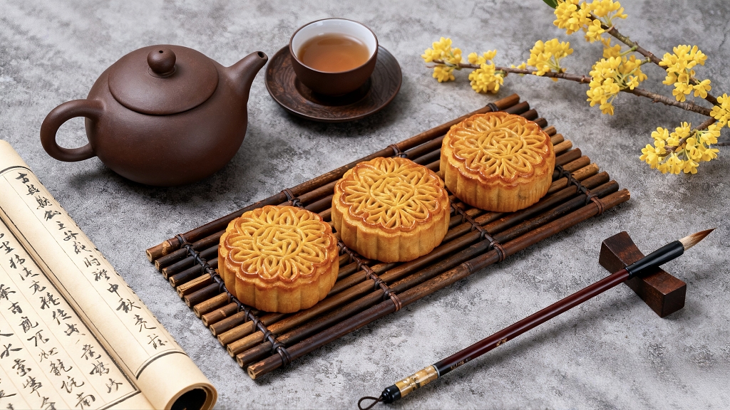 三块月饼整齐的放在木质托盘上边上有茶壶和茶水