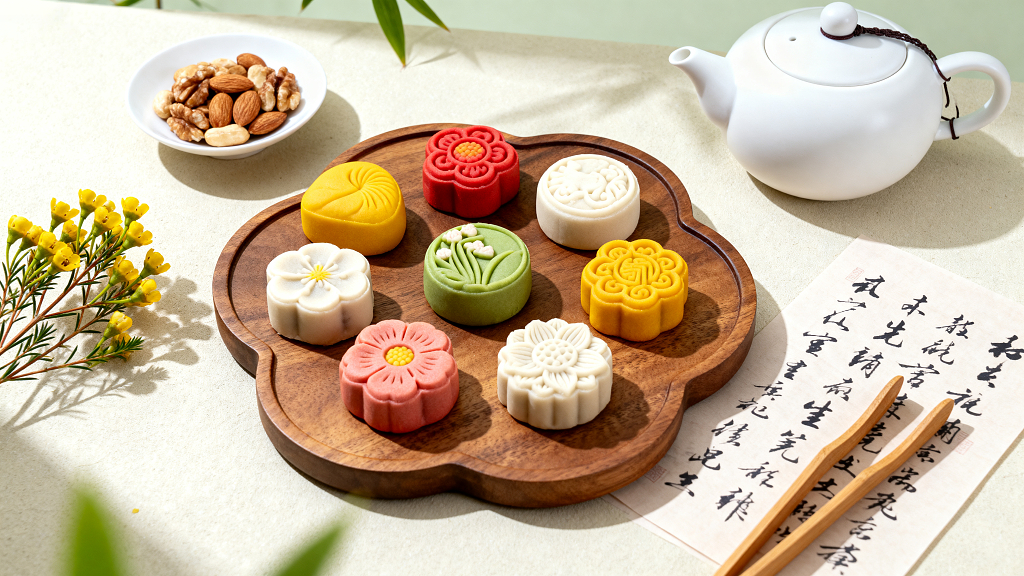 木质托盘上放着美味的冰皮月饼彩色月饼