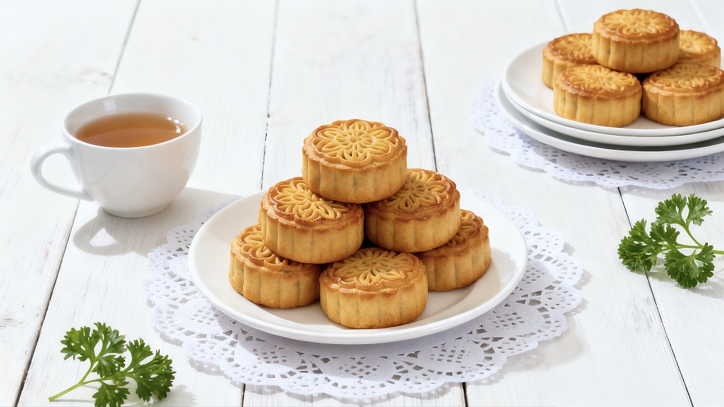 一盘美味的月饼叠放在盘子里中秋美食传统美食节日美食