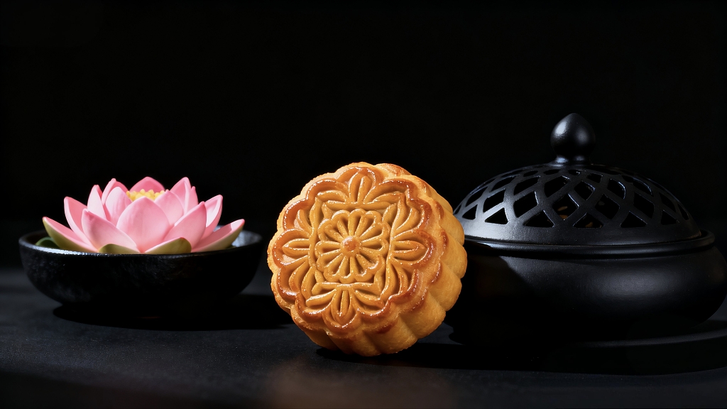 月饼和莲花暗调摄影