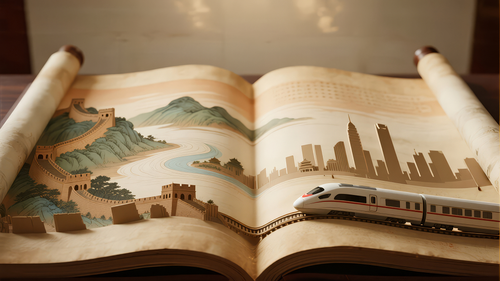 国庆节高铁穿越古今发展创意背景