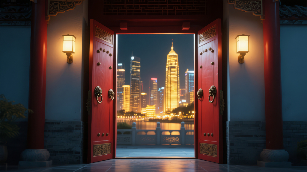 传统中式大门开启看现代都市背景