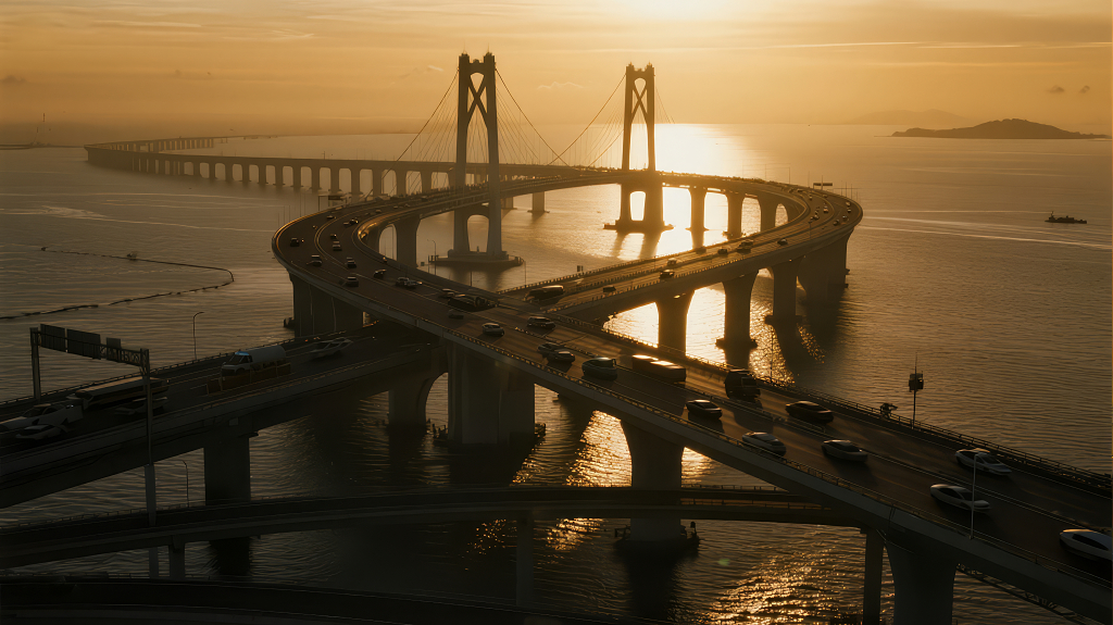 国庆节跨海大桥日落剪影壮观航拍背景