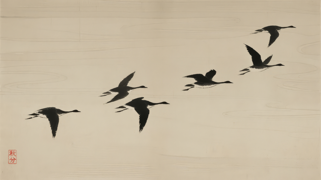 秋季大雁南飞水墨国画禅意背景图
